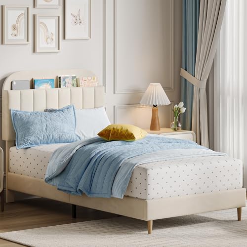 GarveeHome Twin Bed Frame with Storage Headboard, Velvet Upholstered Platform Bedframe for Kids, Girl Bed, Strong Wooden Slats, Noise-Free, Easy Assembly, No Box Spring Needed, Beige