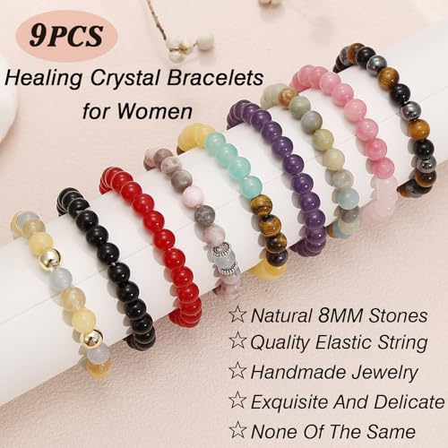 BOMAIL 9 PCS Healing Crystal Bracelets for Women 8 MM Natural Stone Beaded Bracelet Protection Anxiety Spiritual Stretch Bracelet for Women Men2