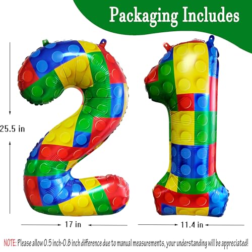 Image of 32 Inch Building Block Number 21 Balloons birthday Block Themed Large Big Helium Foil Mylar Balloon for Girls Boys Birthday Party Decoration Supplies