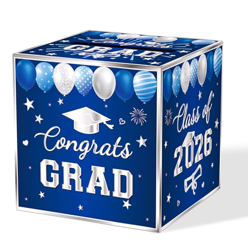Image of Blue Graduation Congrats Card Box, Class of 2026 Navy Blue Silver Graduation Party Decorations Money Card Boxes Holder, Graduation Gift Card Box for Grad Parties Supplies 8.7 x 8.7 x 8.7 Inch