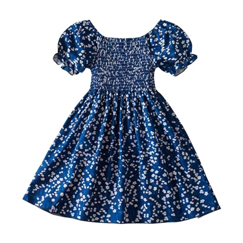 Girls Summer Bubble Sleeve Floral Casual Dress Smocked A-Line Tunic Midi Dresses Round Neck Party Outfit Clothing
