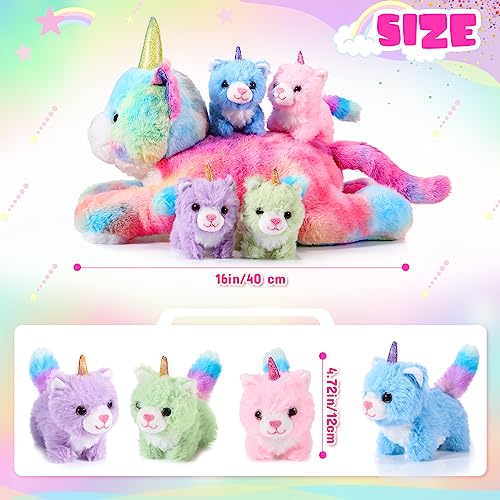 Image of 5 Pieces Caticorn Plush Toy Set 16 Inch Mommy Cat Unicorn Stuffed Animal with 4 Cute Plush Baby Kittens Pastel Rainbow Caticorn Toy Set Boys Girls Birthday Kpop Party Favors(Cute Color)