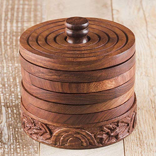 Rusticity Discontinued Wooden Coaster Set of 6 with Holder for Beer and Other Drinks - Tower of Hanoi Design | Handmade | (3.75x3.75 in)