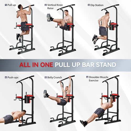 image for Pooboo Power Tower Dip Station Pull Up Bar for Fitness Home Gym Workou