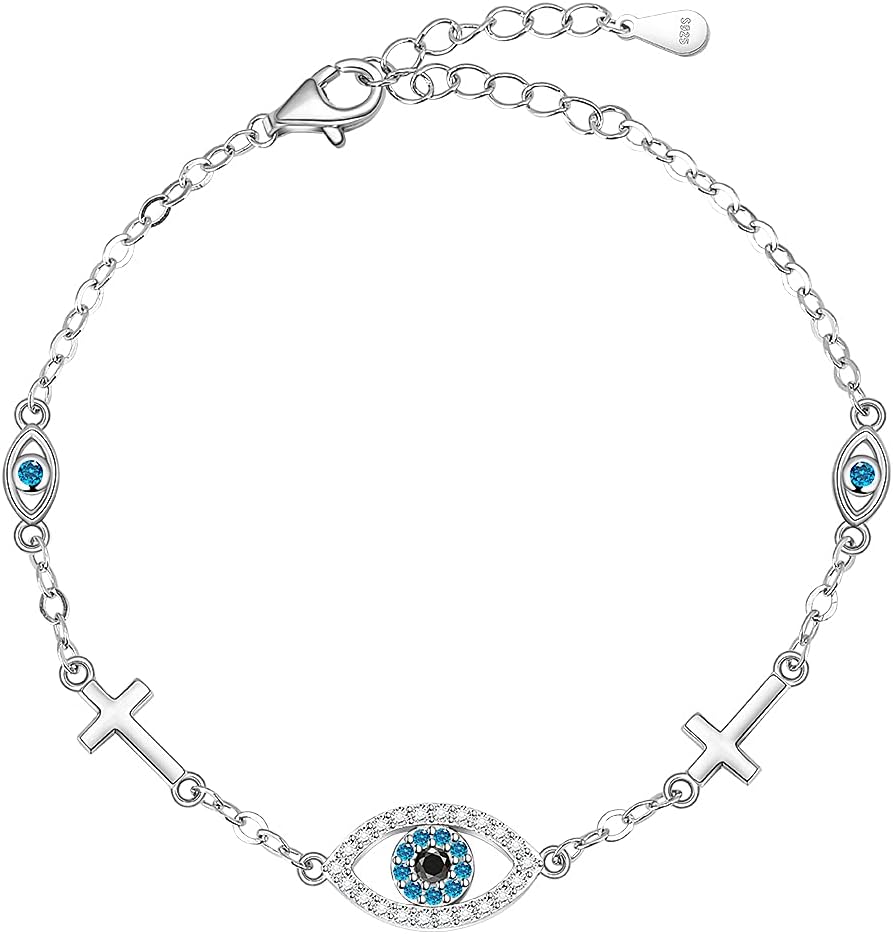 Blue Evil Eyes Link Bracelet, Evil Eye Earrings, S925 Sterling Silver Dainty Cubic Zirconia Adjustable Link Lobster Claw Clasp Chain Jewelry
