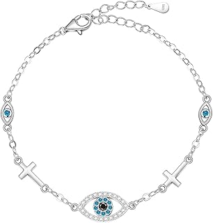 Blue Evil Eyes Link Bracelet, Evil Eye Earrings, S925 Sterling Silver Dainty Cubic Zirconia Adjustable Link Lobster Claw Clasp Chain Jewelry