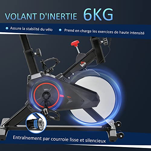 HOMCOM Vélo d'appartement vélo de Fitness avec écran LCD multifonctions capteur de fréquence cardiaque selle et guidon réglables poids volant inertie 6 Kg acier noir et rouge – Image 6
