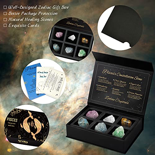 Image of Pisces Crystals Gift Set, Zodiac Signs Healing Crystals Birthstones with Horoscope Box Set Pisces Astrology Crystals Healing Stones Gifts