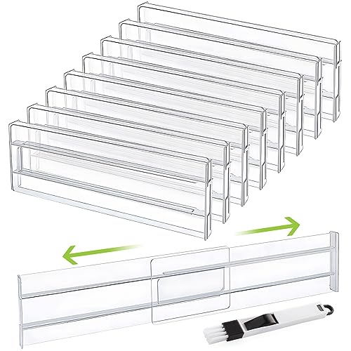 Drawer Dividers, 8 Pack Expandable Drawer Organisers Clear Plastic Drawers Separators, Adjustable Range of 27.6-52 cm Drawer Inserts for Wardrobe for Clothing Kitchen Utensils & Office Storage