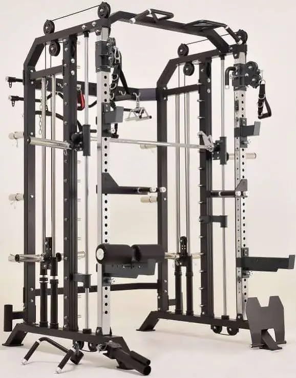 French Fitness FSR20 P/L Multi Functional Gym System - Smith Machine, Squat Rack, Functional Trainer, Cable Cross, Landmine, Pull-Up Bar & More – Plate Loaded, Heavy Duty, Full Body Training