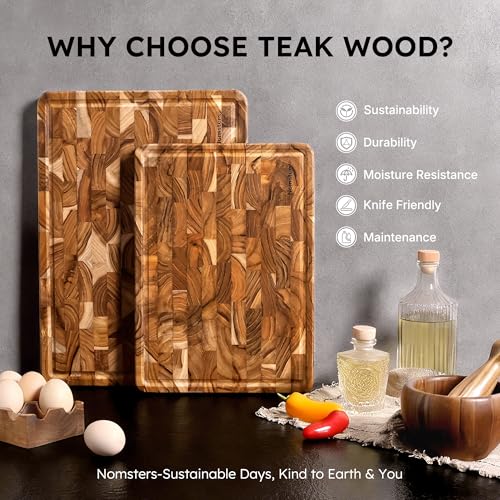Set de 2 tablas de cortar de madera de teca con patas antideslizantes y ranuras para jugos miniatura 4