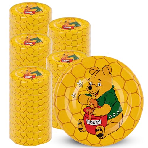 KADAX Schraubdeckel fi43 mm, Twist-Off-Deckel Set aus Metall, passend für 40ml Gläser, Ersatzdeckel mit 4 Einrastzähnen, Deckel für Sturzgläser, Flaschen und Einmachgläser (Winnie Puuh, 50 Stück)
