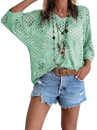 Fisoew Womens Crochet Cover Up Tops Summer Short Sleeve Hollow Out Sweater Shirts Boho Beach Swimsuit Coverups Lake Blue