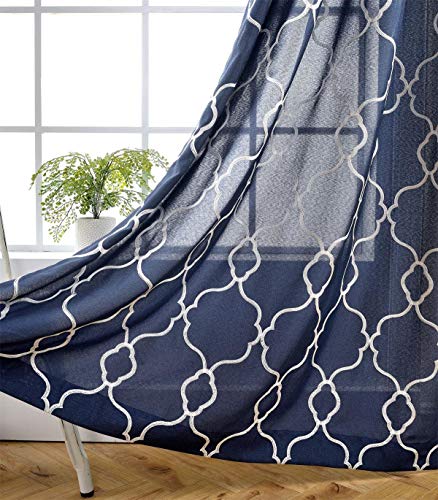 Miuco Cortinas semitransparentes de lino sintético bordadas para sala de estar