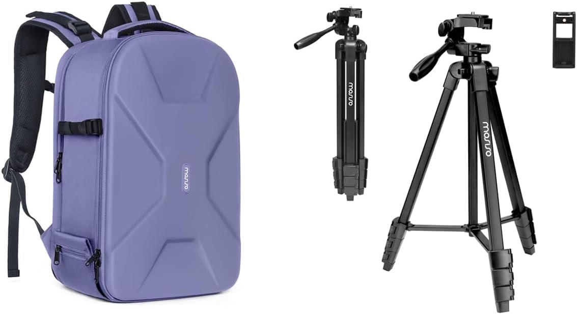 MOSISO 58 inch Camera Phone Tripod Stand with Tablet Phone Mount&Camera Backpack, Camera Bag 15-16 inch Waterproof Hardshell Case with Tripod Holder&Laptop Compartment, Lavender Gray&Black