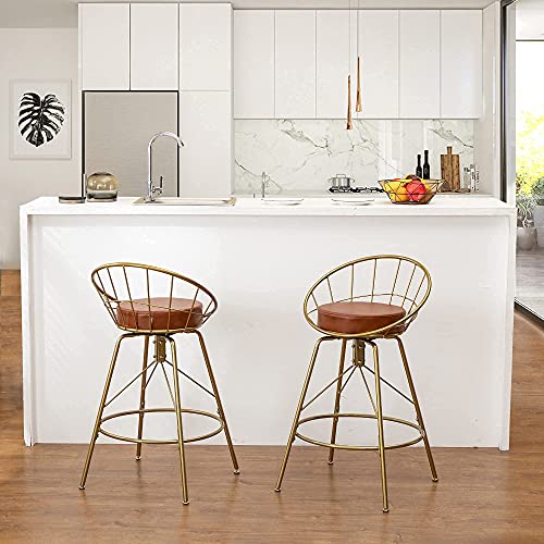 Awonde 24" Swivel Bar Stools Set Of 2 Gold Metal Upholstered Counter Height Barstools With Backs (24" Seat Height, Brown Leather Seat) #TOP4
