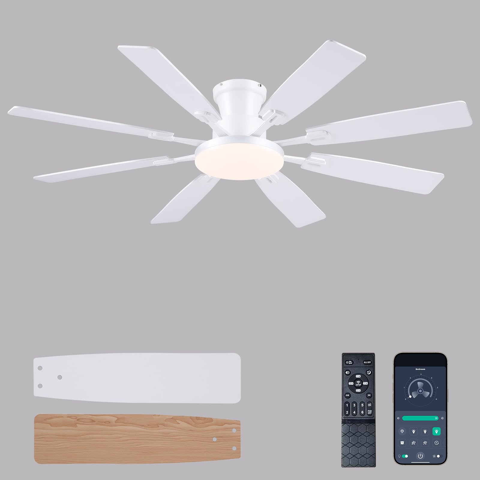 Photo 1 of JSAITEE 60Inch Ceiling Fan with Lights and Remotes, Large Low Profile Flush Mount Ceiling Fans,DC Reversible Motor, 3CCT Dimmable,Noiseless,Dual Finish, White 6 Speeds Ceiling Fan for Indoor/Outdoor