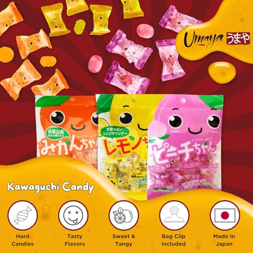 UMAYA - Kawaguchi Fruit Candies - Japanese Fruit-Flavored Hard Candy 3 Pack Bundle With A Snack Bag Clip - Includes One 9oz (100g) Pack Of Each Flavor - Lemon Chan, Peach Chan, Mikan Chan - Image 4