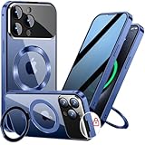 【スライドカバー磁気ロック・覗き見防止・新次元の一体型カメラ保護 +CD隠しスタンド】MESTRIEV iPhone 15 Pro 用 ケース 全面保護 Magsafe対応 ランヤードホール付き [本体を再現・マット金属フレーム ] 縦横両対応 9H強化ガラス ワイヤレス充電対応 クリア 両面スマホケース 高感度タッチ いphone15Pro 用 ケース 6.1インチ (ブルー)