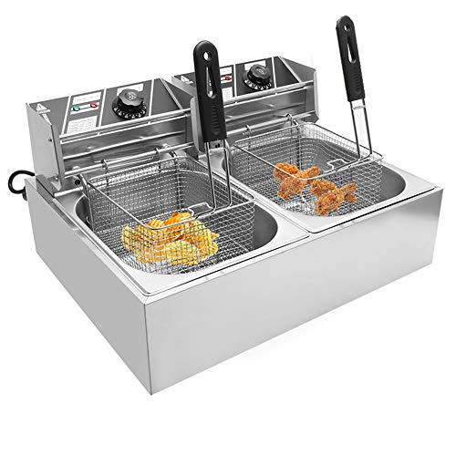 Blackpoolal 2 x 10L Elektrische Doppel Fritteuse Edelstahl Kaltzonen Friteuse Fritöse mit Abnehmbarem Deckel Temperaturkontrolle Aerofryer 2500W Fettbackgerät einfach zu reinigen Silber