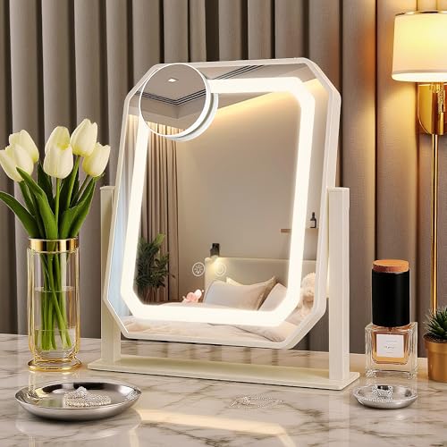 WITFAMILY Schminkspiegel mit Beleuchtung,Hollywood Spiegel mit LED Licht Dimmbar Kosmetikspiegel 3 Modi, Vanity Spiegel Tischspiegel mit USB 10X Vergrößerung für Schlafzimmer Schminktisch (Diamant)