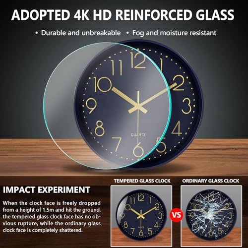 Image of Modern Silent Wall Clock, 12 Inch Wall Clocks Battery Operated Large Number, Non-Ticking Analog Clock with Tempered Glass Quartz Clocks for Living Room Bedroom Office Kitchen, Navy Blue