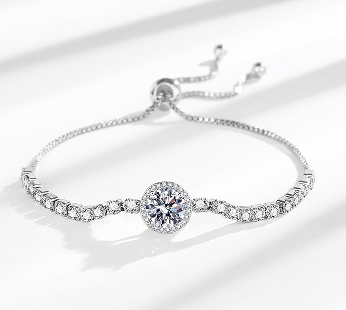 Women Tennis Bracelet Cubic Zirconia Bracelets Adjustable Gold/Silver Plated Bracelets Round Silver