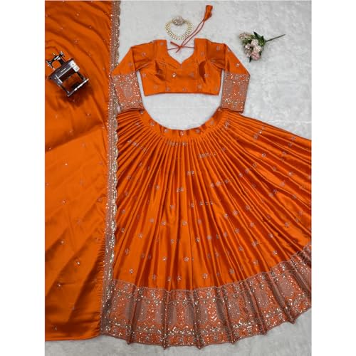 Image of Women's Satin Blend SF108549 Diwali Outfit Bridal Orange Indian Casual Wear Semi-stiched Lehngacholi