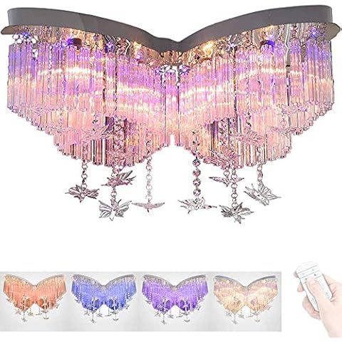 Ceiling Light LED Ceiling Lamp K9 Crystal Dimmable Remote Control Bedroom Girl Lighting Butterfly Creative Restaurant Chandelier, Purple Light / Red Light / Blue Light / Natural Light (60CM/42W) Cover