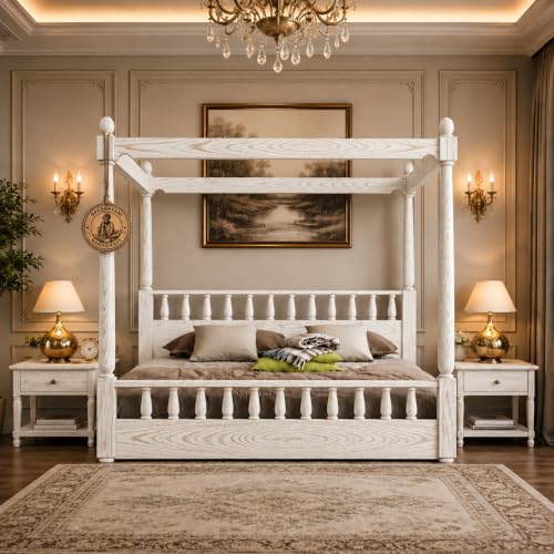 Image of Sheesham Solid Wood Allure Poster Bed for Bedroom | Handmade Wooden Cot | Elegant Four Poster King Size Bed Frame (Rustic White, King, Allure with Storage)