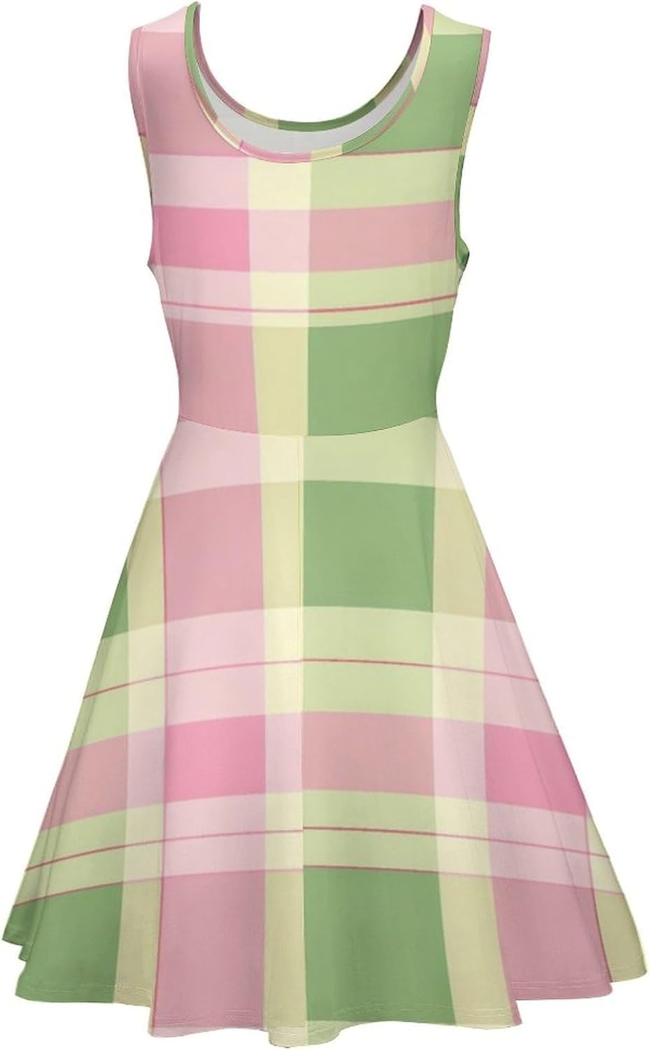Green Pink Plaid Women's Dresses Round Neck Dress Sleeveless Tank Dress Ruffle Hem Sundress