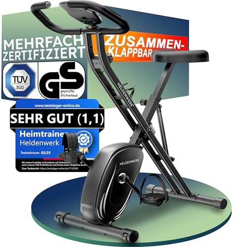 HELDENWERK® Heimtrainer Fahrrad klappbar Hometrainer TÜV/GS geprüft, leise | Ergometer für Zuhause, Mehrfach zertifiziert, 16 Trainingsstufen, Belastbar bis 150kg, Smartes Training