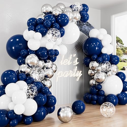 Navy Blue and Silver Balloons Garland Arch Kit 134 Pcs Fathers Day Balloons White Navy Blue and Silver Balloons with Confetti Latex Balloons for Father Day Birthday Grad Baby Shower Wedding Decor