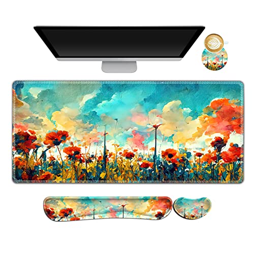 Image of ARTSO Gaming Mouse Pad Wrist Support Set, XXL Large Desk Mat Mousepad + Keyboard Wrist Support+ Mouse Wrist Rest+Coaster 4in1 Ergonomic, Stitched Edge for Home Office -Oil Painting Flowers Plants