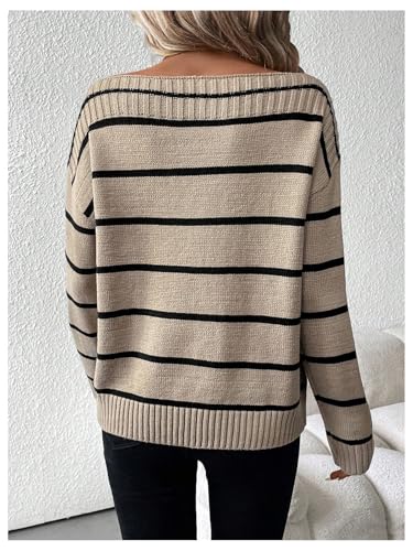 MakeMeChic Women's Striped Off The Shoulder Sweater Long Sleeve Knit Sweater Tops2