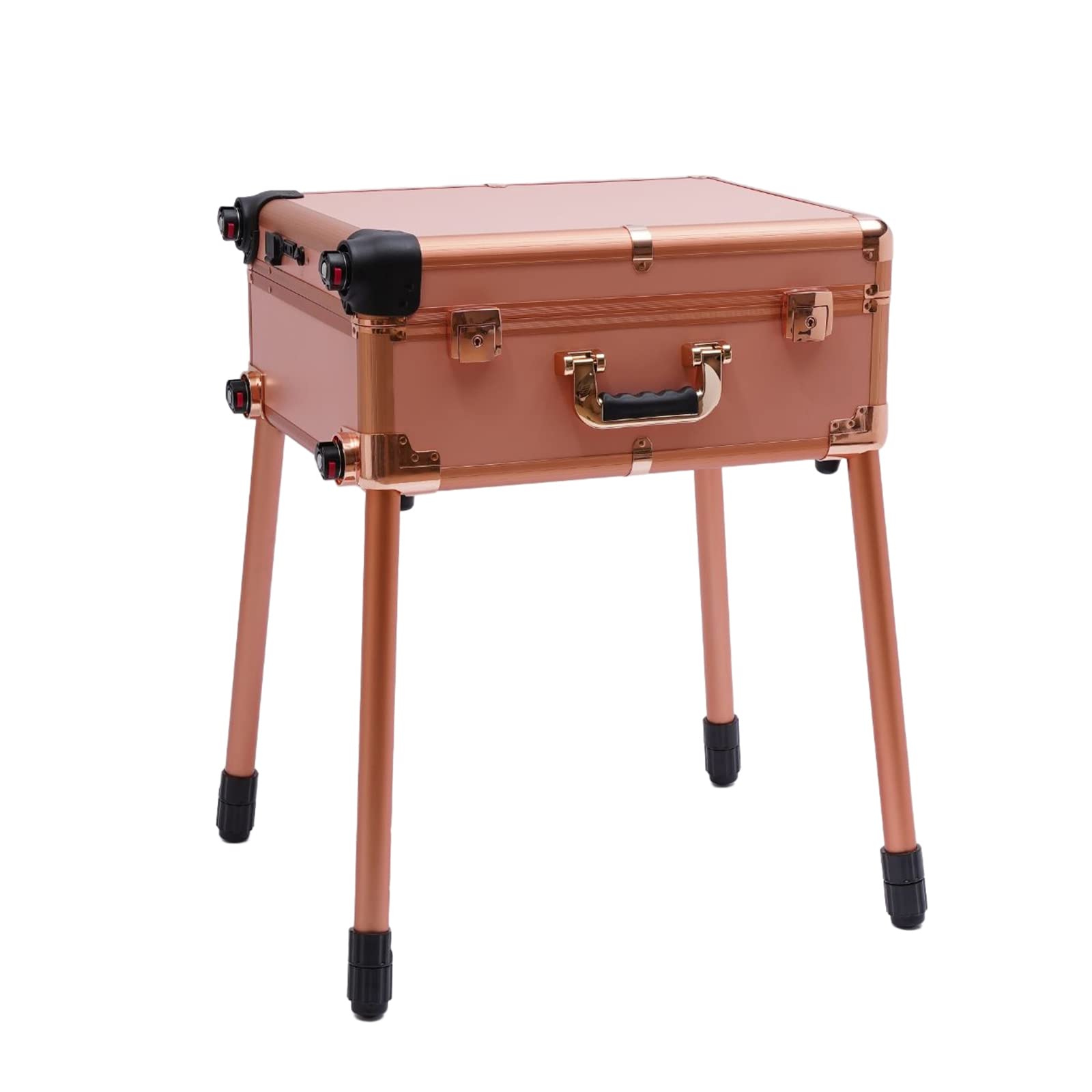 Mallette de maquillage professionnelle à roulettes avec 4 roulettes, éclairage et miroir, hauteur réglable, grande mallette de coiffeur, Or rose, Classique