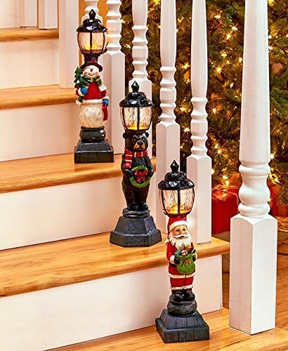 Christmas Lamp Posts Holiday Lighted Time New Carolers Village Battery Operated St Nicholas Square Light Up Set Snowman Bear Takes up Little Space Santa Approx. 4" dia. x 15-1/4"H. Cold Cast Ceramic.