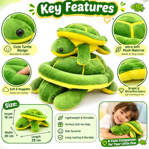Image of TortoisePlush Sea Turtle Soft Toy, Dark Green and Yellow, 22 cm, Stuffed Animal for Kids, Modern Design, Tortoise Theme, Durable Quality (Mother Baby)