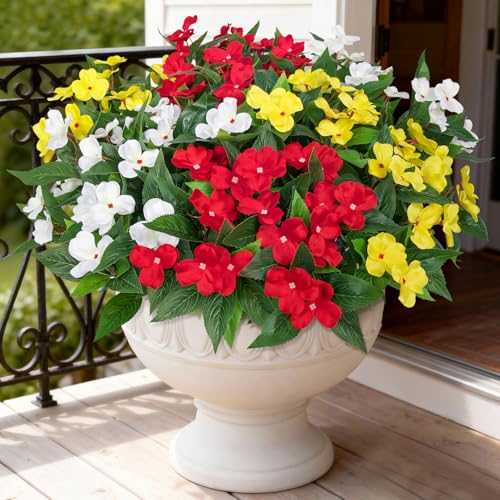 Image of Bassion 6 Bundles Artificial Flowers for Outdoors Fake Impatiens, Colorful | UV resistant, silk flowers, no fade realistic faux plants, outside patio garden porch planters window box balcony home decor