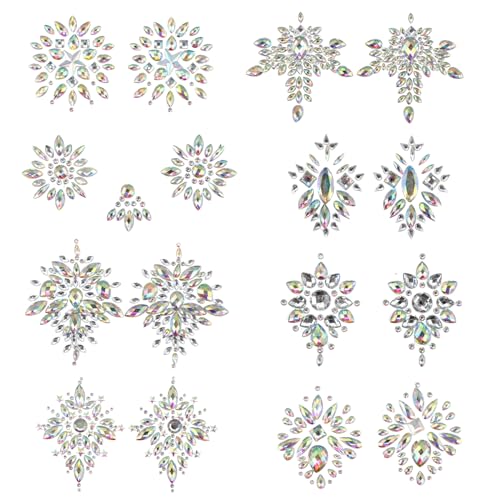 8 Pairs Rhinestone Breast Covers, Resin Rhinestone Pasties, Glitter Crystal Tattoo Jewels, Adhesive Breast Gem, Temporary Chest Sticker, Body Jewelry Sticker, Decoration Pasties for Parties2