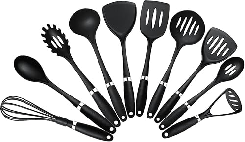 Juego de herramientas de cocina de nailon resistente a altas temperaturas kit de palas de 10 piezas de utensilios de cocina negros suministros de