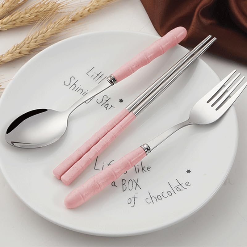 Image of ZIBUYU 3Pcs Chopsticks Spoon and Fork Set with Case Pink Portable Cutlery