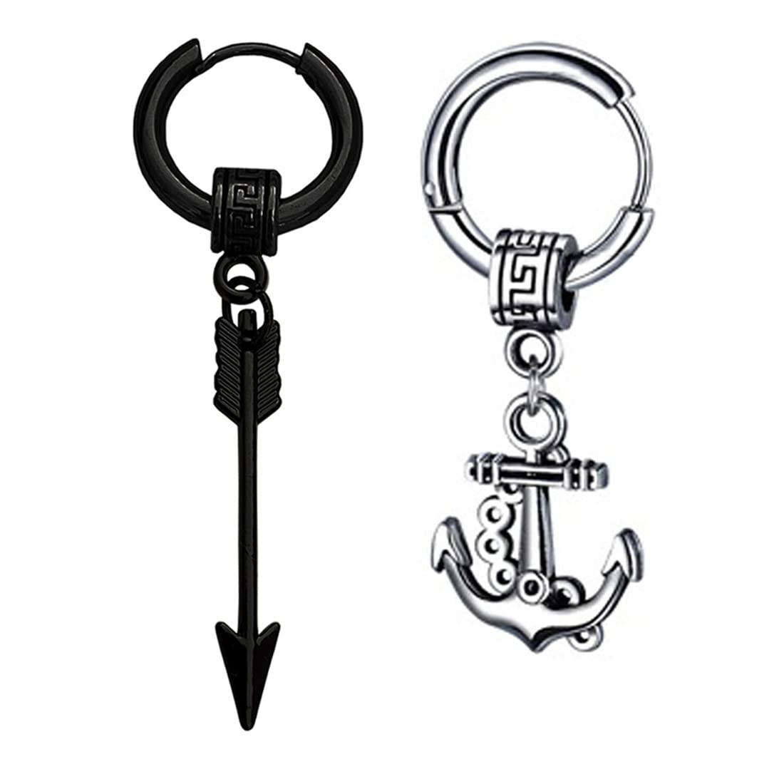 Arrowhead With Wheel Ship Anchor Dangle Black & Silver Stainless Steel Earrings For Men And Women-image-49