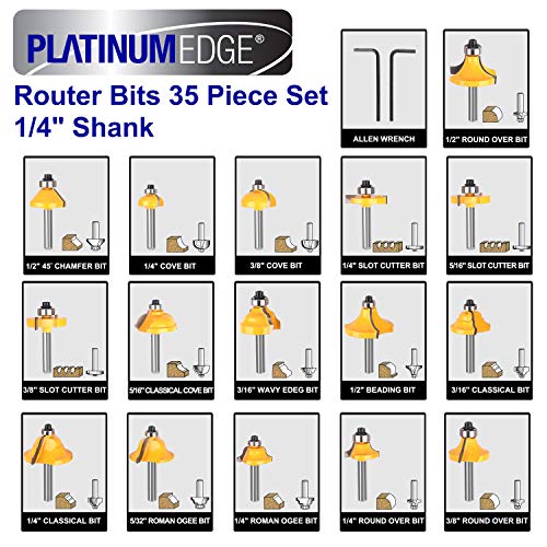 Platinumedge Router Bits Set, Tungsten Carbide Router Bits Set 1/4 Shank, Router Bit Kit For Diy, Woodworking Project, 35 Piece Set With Premium Aluminum Carry Storage Case #TOP2