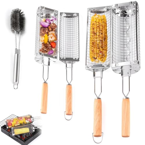 2PCS Nesting Grill Baskets with Brush, 304 Stainless Steel, Removable Wooden Handle – BBQ Accessories for Vegetables, Shrimp, Meat – Perfect for Outdoor Cooking, Camping, Gifts for Men, Dad, Husband
