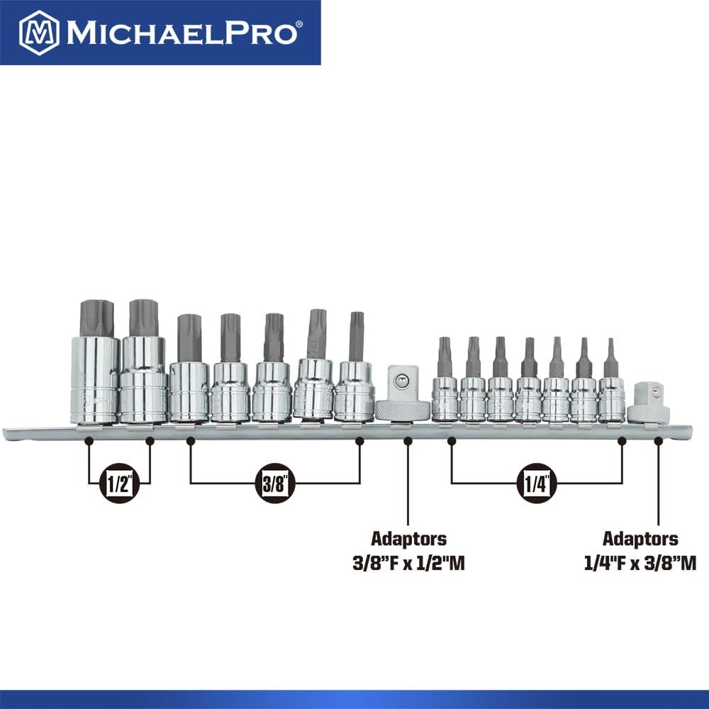 MichaelPro 16-Piece Torx Bit Socket Set with Rail, 1/4'', 3/8'' and 1/2'' Drives, T8 - T70, High Torque Resistant S2 Steel, Socket Adapters and Rail Organizer Included - MP012022