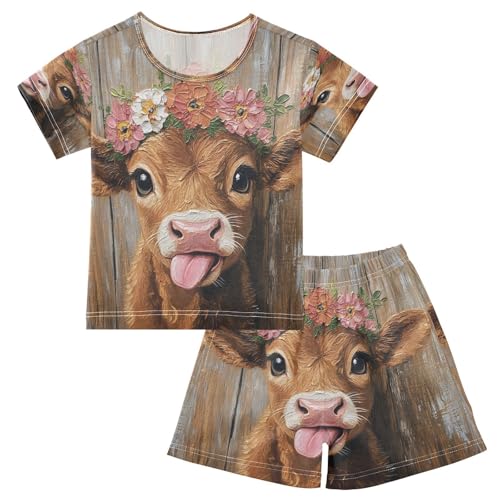 ALAZA Wooden Cow Flower Pajamas Set Short Sleeve Cotton Sleepwear Summer Pjs 2 Piece 5-14Y