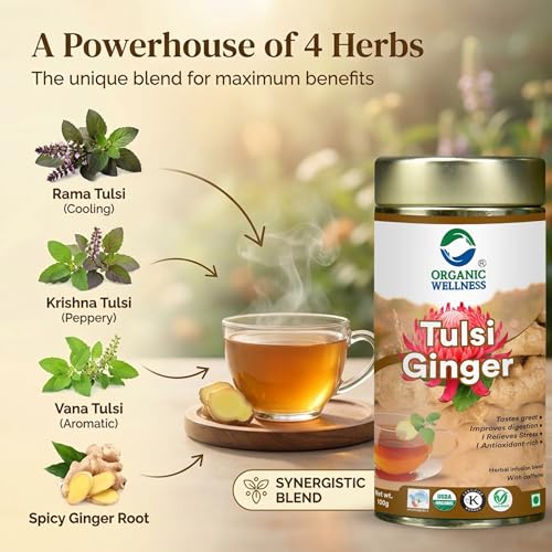 Image of Organic Wellness Tulsi Ginger Herbal Tea 100g Tin | Natural Antioxidant Rich Blend | Supports Digestion | Relieves Stress | Boosts Metabolism | Enhances Immunity | Soothing Refreshing Daily Beverage