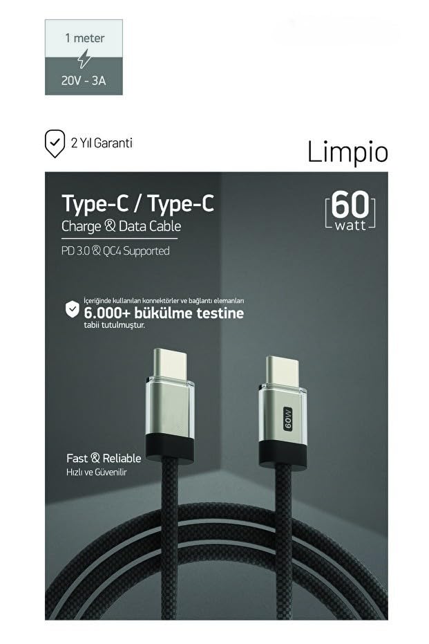 PDAteknoloji 60W PD 3.0 Limpio Type-C to Type-C Hızlı Şarj ve Data Kablosu 1m Siyah