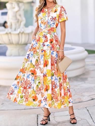 Image of BTFBM Womens Summer Floral Maxi Dresses V Neck Short Sleeve Boho Casual Flowy Long Wedding Guest Dress Beach Vacation